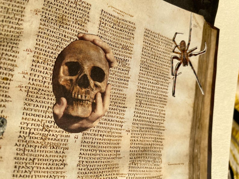 May include: A collage featuring a skull held by hands, set against a backdrop of aged parchment with Greek text. A paper spider is affixed to the right side, adding a touch of the macabre.