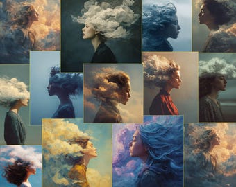 Efímera de cabello de nube de mujer surrealista, acuarela, pintura al óleo, hoja de collage digital, suministros para diario artístico vintage, diario de retratos de ensueño