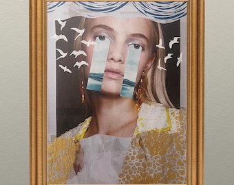 Original Collage, Blue, Magazine Collage, Mixed Media Art, Surreal Artwork, Paper Collage, Handmade Art, Theatrical, Women, Mothers Day Gift