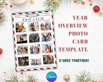 Plantilla de tarjeta de resumen del año, tarjeta con foto navideña, tarjeta de resumen del año, ¡Qué año!, collage de fotos familiares, periódico imprimible, boletín navideño.