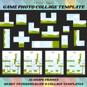 May include: A printable template for creating photo collages. The template features 12 different shaped frames, ready to be personalized with photos. The frames are arranged in a grid pattern, with a green and blue color scheme.