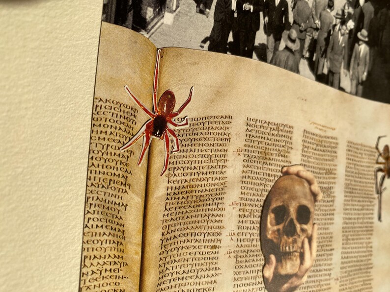 May include: A vintage-style collage featuring a detailed illustration of a red and black spider on an open book with ancient Greek text. A human skull is held in the lower right corner, with a black and white photo of people in the background.