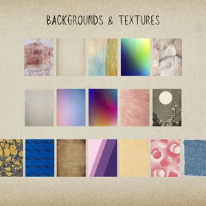 May include: A collection of 15 different backgrounds and textures, including a variety of colors, patterns, and styles. The textures include wood, fabric, paper, and more.