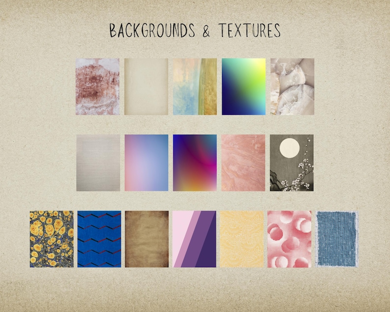 May include: A collection of 15 different backgrounds and textures, including a variety of colors, patterns, and styles. The textures include wood, fabric, paper, and more.