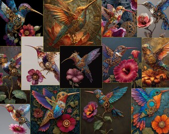 Colibrí Steampunk, Hoja de collage digital de pájaro mecánico, Ilustración científica de pájaro, Efímera imprimible para diario basura, Digital