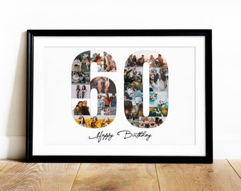 60th Birthday Gift Photo Collage, Printable Custom Birthday Collage, 20th, 40th, 30th Birthday Photo Collage Gift, Number Photo Collage Gift