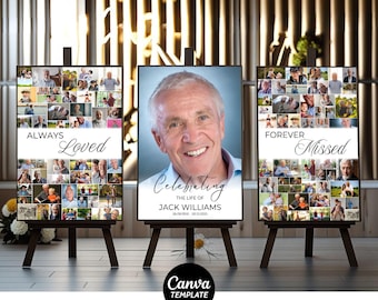 Modello di collage fotografico per funerali, cartello di benvenuto per celebrare la vita, bacheca commemorativa, set di cartelli per cavalletti funebri, foto commemorativa in amorevole ricordo