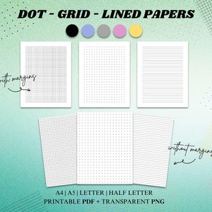 Papier w linie i kropki do druku, puste notatki, papier do pisania, szablon notatki do nauki, notatki z wykładów, A4, A5, pół litery, rozmiar litery, PDF, PNG, 5 kolorów