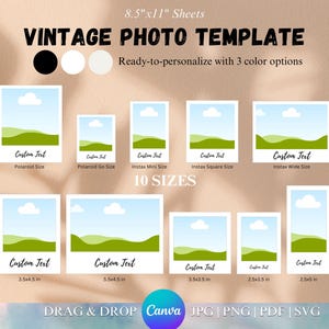 Op de afbeelding: Een vintage foto sjabloon met tien verschillende formaten, waaronder Polaroid en Instax formaten. Het ontwerp toont een landschap met een blauwe lucht en groene heuvels. De tekst "VINTAGE PHOTO TEMPLATE" staat bovenaan, met "Ready-to-personalize" eronder.