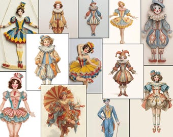 Muñecas de papel imprimibles, muñecas de papel de circo, Junk Journal Junkies, muñeca de papel victoriana, efímeras, collage, suministros para diarios artísticos vintage