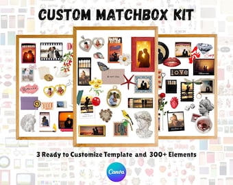 Plantilla de Canva para crear un kit de caja de cerillas personalizado, regalo fotográfico DIY para tu novio, regalo de San Valentín, collage de pareja personalizado, más de 300 elementos digitales.