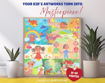 May include: A square framed collage of colorful children's drawings featuring fish, a rainbow, a sun, a house, and various animals. The text reads YOUR KID'S ARTWORKS TURN INTO Masterpiece! and 31-40 PHOTOS with DIGITAL DOWNLOAD at the bottom.