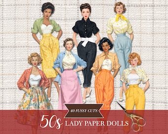 Muñecas de papel de mujeres de los años 50, recortes retro de damas, efímeras digitales, imprimibles vintage, imágenes de diarios basura, kit de pegatinas para álbumes de recortes, hojas de collage