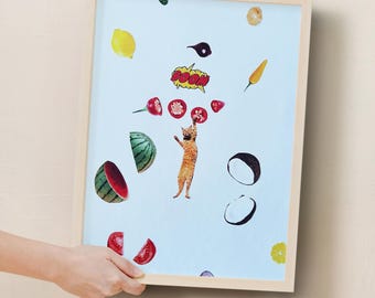 Collage artístico original, Gato Frutal, Collage de revista, Obra de arte surrealista, Técnica mixta, Collage de papel, Regalo para amantes de los gatos, Arte hecho a mano, Regalo para el Día de la Madre