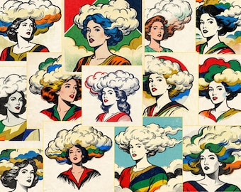 Hoja de collage de mujeres con cabeza de nube, efímera imprimible para diario basura, material digital para diario de arte, 24 imágenes, descarga instantánea, retrato surrealista de nubes