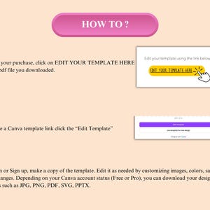 May include: A pink button with the text "HOW TO?" on it.  Instructions on how to edit a Canva template are listed below the button. The instructions include clicking on a link to edit the template, making a copy of the template, and customizing images and colors.  The text "EDIT YOUR TEMPLATE HERE" appears in a yellow button on the image.