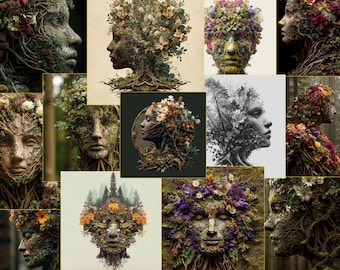 Efímera de Diosa Floral, Hoja de Collage Digital de Mujer Naturaleza, Diario Vintage de la Madre Tierra, Impresión de Retrato de Flores, Material de Arte Botánico