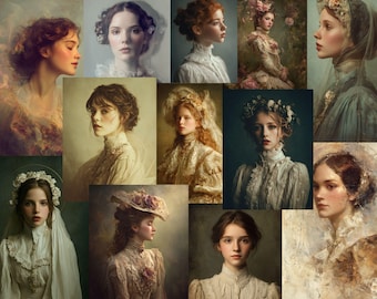 Retrato de mujer victoriana, mujer surrealista, mujer etérea, hoja de collage digital, material para diario artístico vintage, diario basura con retratos de ensueño