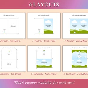May include: Six different layout options for a greeting card design. The layouts include a blank card, a card with a front frame, and a card with a front and back frame. The layouts are shown in both portrait and landscape orientations.