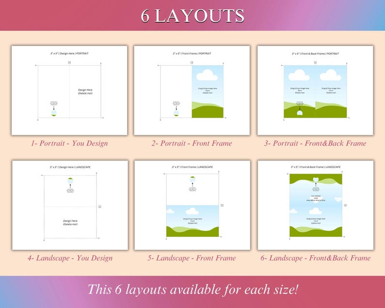 May include: Six different layout options for a greeting card design. The layouts include a blank card, a card with a front frame, and a card with a front and back frame. The layouts are shown in both portrait and landscape orientations.