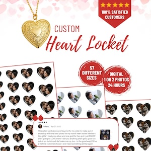 May include: A gold heart-shaped locket on a gold chain, with the words "CUSTOM Heart Locket" in red. The image also shows sample photos inside heart-shaped cutouts and text indicating 57 sizes and digital photos in 24 hours.