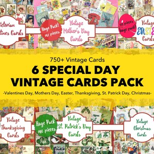 Cartões vintage para impressão, folhas de colagem digital, cartão de São Patrício, cartão de Natal, cartão de Páscoa, cartões para o Dia dos Pais, Ação de Graças, Dia dos Namorados