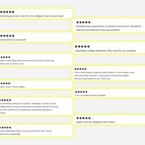 May include: A collection of customer reviews for a digital collage element product. The reviews are all positive and highlight the high quality of the product, the ease of use, and the variety of options available. The reviews are displayed on a yellow background with black text.