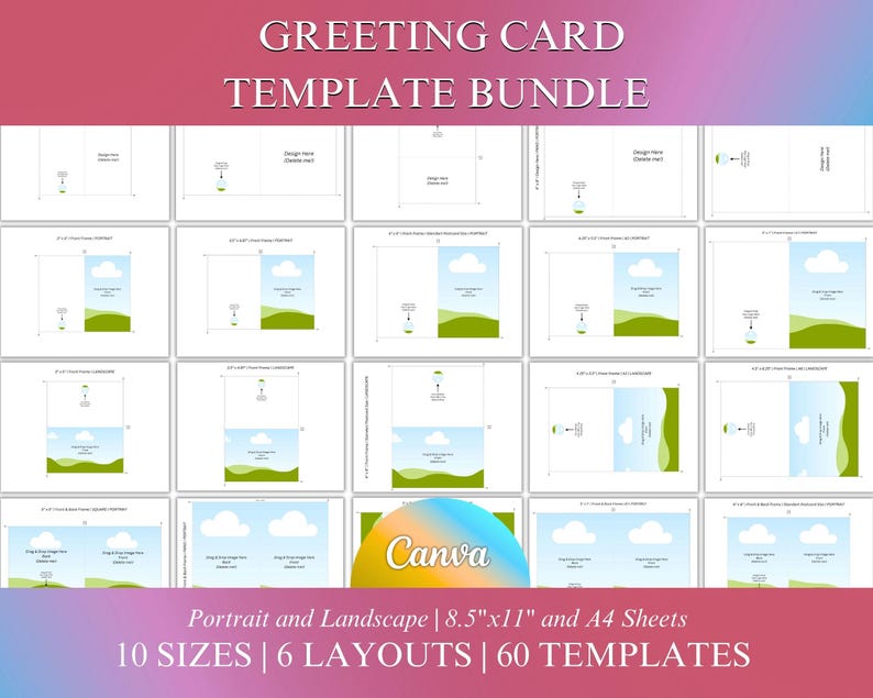 May include: A set of 60 greeting card templates in 10 sizes and 6 layouts. The templates feature a variety of designs with clouds, grass, and a simple text box. The templates are designed for use with Canva.