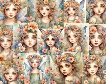 May include: A collage of watercolor illustrations featuring fairy figures with large blue eyes, wavy hair adorned with floral crowns, and translucent wings, surrounded by soft-toned flowers in shades of pink, orange, and blue.