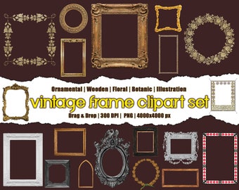 Conjunto de imágenes prediseñadas de marcos vintage, marcos de madera PNG, marco de fotos victoriano, marco de fotos dorado ornamentado, colección de marcos antiguos, marco para uso comercial
