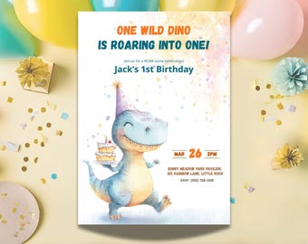 Plantilla de invitación para el primer cumpleaños de dinosaurio, invitación de cumpleaños imprimible, cumpleaños de dinosaurio bebé, primer cumpleaños de dinosaurio, primer cumpleaños de dinosaurio