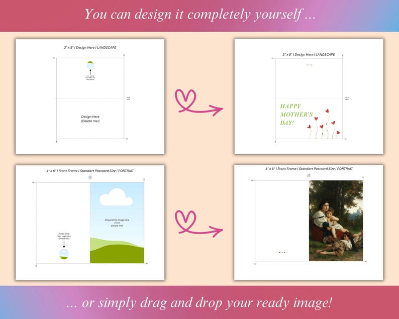 May include: A printable template for creating greeting cards. The template includes two different sizes, 3x5 inches and 4x6 inches, and two different orientations, landscape and portrait. The template includes a design area for adding text and images. The template also includes a design area for adding a photo. The template is perfect for creating personalized greeting cards for any occasion.