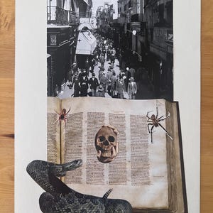 May include: A mixed media artwork featuring a black and white street scene collage over an open book with text. A skull is held in hands, with a snake and spiders. The artwork has a vintage aesthetic.
