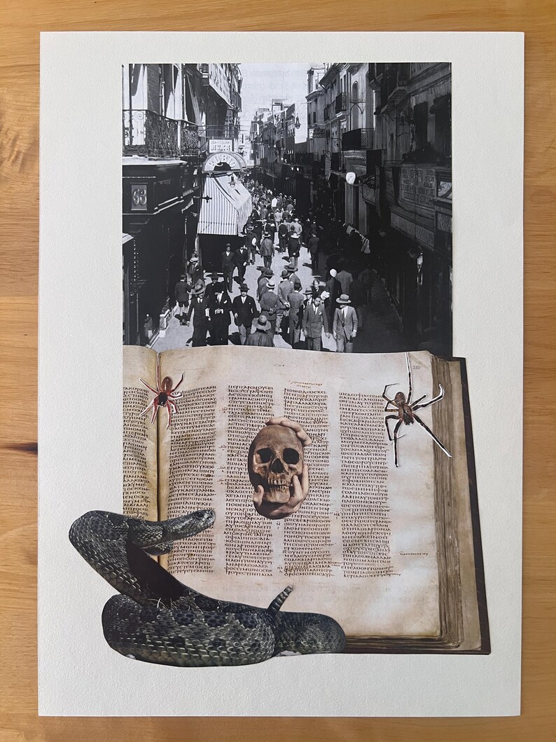 May include: A mixed media artwork featuring a black and white street scene collage over an open book with text. A skull is held in hands, with a snake and spiders. The artwork has a vintage aesthetic.