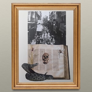May include: A framed artwork featuring a black and white street scene above an open book with a skull, spiders, and a snake. The frame is gold-colored, and the artwork has a vintage, collage-like aesthetic.