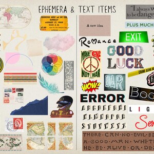 May include: A collage of colorful ephemera and text items, including a world map, a color wheel, a feather, a vintage ticket, a peace sign, a neon sign that says "BAR", and a sign that says "ERROR". The text "There can no evil befall a good man whether he be alive or dead." is also included.