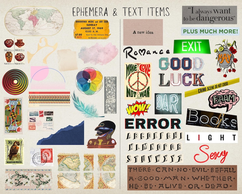 May include: A collage of colorful ephemera and text items, including a world map, a color wheel, a feather, a vintage ticket, a peace sign, a neon sign that says "BAR", and a sign that says "ERROR". The text "There can no evil befall a good man whether he be alive or dead." is also included.