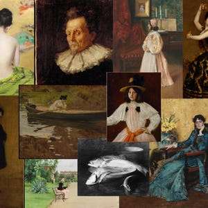 Può includere: Un collage di dipinti ad olio con ritratti e figure. Le opere d'arte raffigurano una varietà di soggetti, tra cui un ritratto di un uomo, una donna in barca e una donna in abito. I dipinti mostrano diversi stili e tecniche.