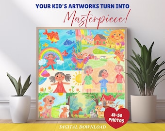May include: A framed collage of colorful children's drawings featuring fish, a rainbow, a sun, a house, and various animals. The text at the top reads YOUR KID'S ARTWORKS TURN INTO Masterpiece! and a red heart at the bottom says 41-50 PHOTOS.