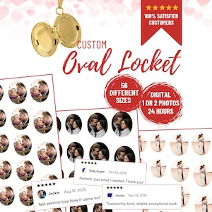 May include: A gold oval locket with a chain, open to show the inside. The image also shows small, round photos of a couple, customer reviews, and text that reads "Custom Oval Locket".