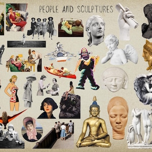 May include: A collage of images featuring people and sculptures. The collage includes a variety of subjects, including a woman in a red dress, a group of people standing together, a sculpture of a woman's head, a sculpture of a cherub, and a sculpture of a Buddha.