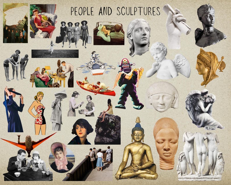 May include: A collage of images featuring people and sculptures. The collage includes a variety of subjects, including a woman in a red dress, a group of people standing together, a sculpture of a woman's head, a sculpture of a cherub, and a sculpture of a Buddha.