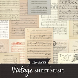 Puede incluir: Un collage de páginas de partituras antiguas, con una variedad de partituras musicales y texturas de papel envejecido. La imagen incluye texto como "The Mermaid's Song" y "Vintage Sheet Music". La imagen también incluye el texto "120+ PAGES".