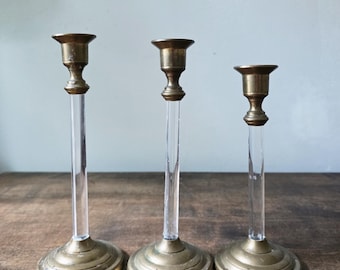 VINTAGE | Brass & Lucite Candlestick Holders Set of 3 | Hollywood Regency Graduated Taper Candle Holders