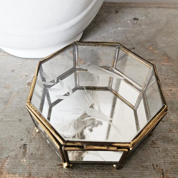 VINTAGE | Brass & Glass Hexagon Footed Etched Jewelry Trinket Box Curio