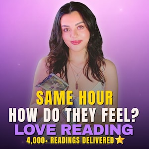 Puede incluir: Una persona de cabello oscuro con un collar de cristal, sosteniendo un mazo de cartas. El texto dice: SAME HOUR HOW DO THEY FEEL? LOVE READING 4,000+ READINGS DELIVERED. El fondo es un degradado de color púrpura con pequeñas chispas de luz.