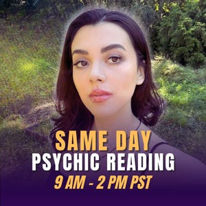 May include: A woman with dark hair and makeup is centered in front of a blurred outdoor background. Text in gold and white reads "SAME DAY PSYCHIC READING" and "9 AM - 2 PM PST" on a purple gradient background.