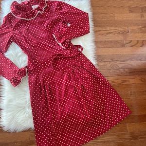 Vintage Joan Curtis Polkadot Red Dress Union Made USA Belted Modest Midi Size 10