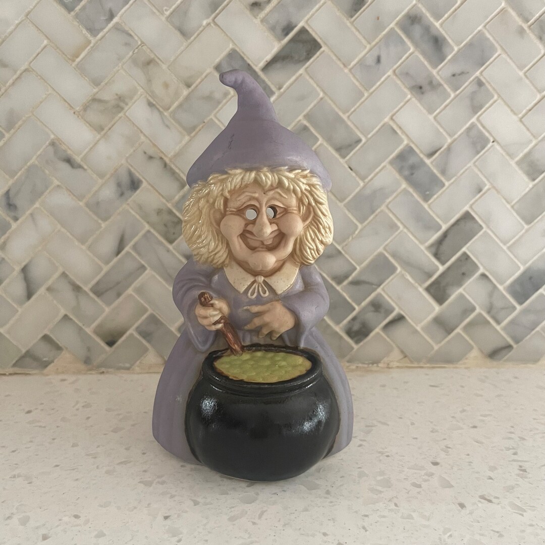 Vintage Ceramic Halloween Witch Figurine Stirring Potion in Cauldron Creepy Etsy