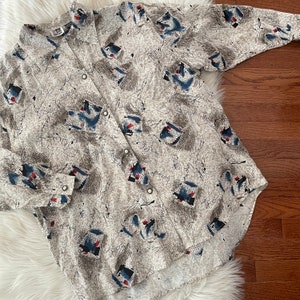 Vintage 80s Oversized Blouse avant-garde print buttons by Paul et Duffier Size Large